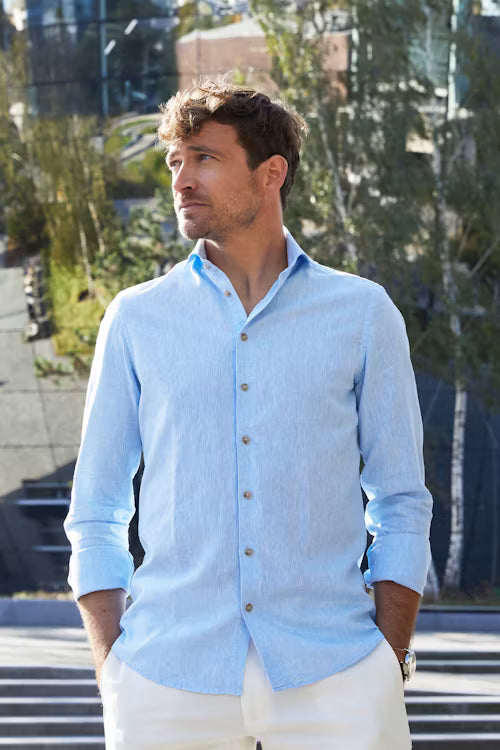 John Miller Shirt Linnen - Lichtblauw